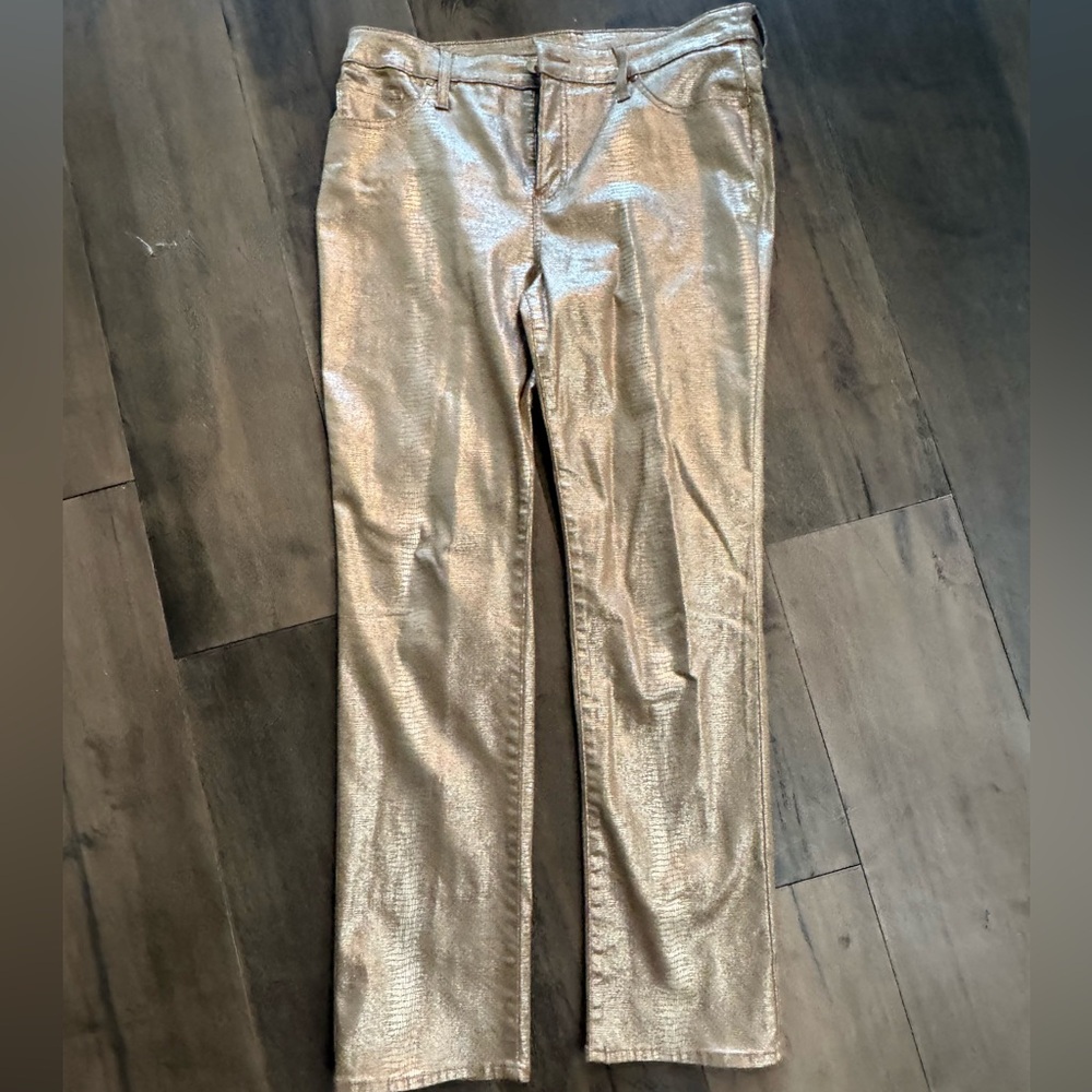 Chicos Metallic Gold Embossed Straight Leg Jeans